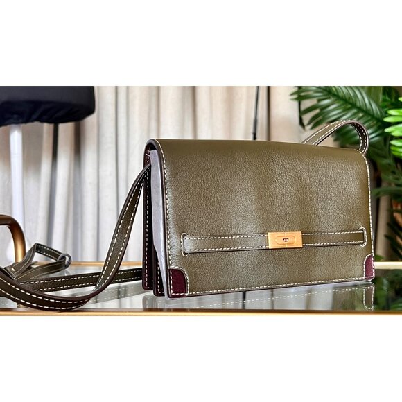 Stunning! Tory Burch Petite Lee Radziwill Olive Leather & Suede Crossbody/Shoul - Picture 1 of 14
